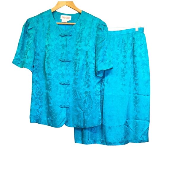 Maggy London Womens 2 Piece Silk Skirt Blouse Set 16 Teal Blue Floral Embossed - Picture 1 of 12
